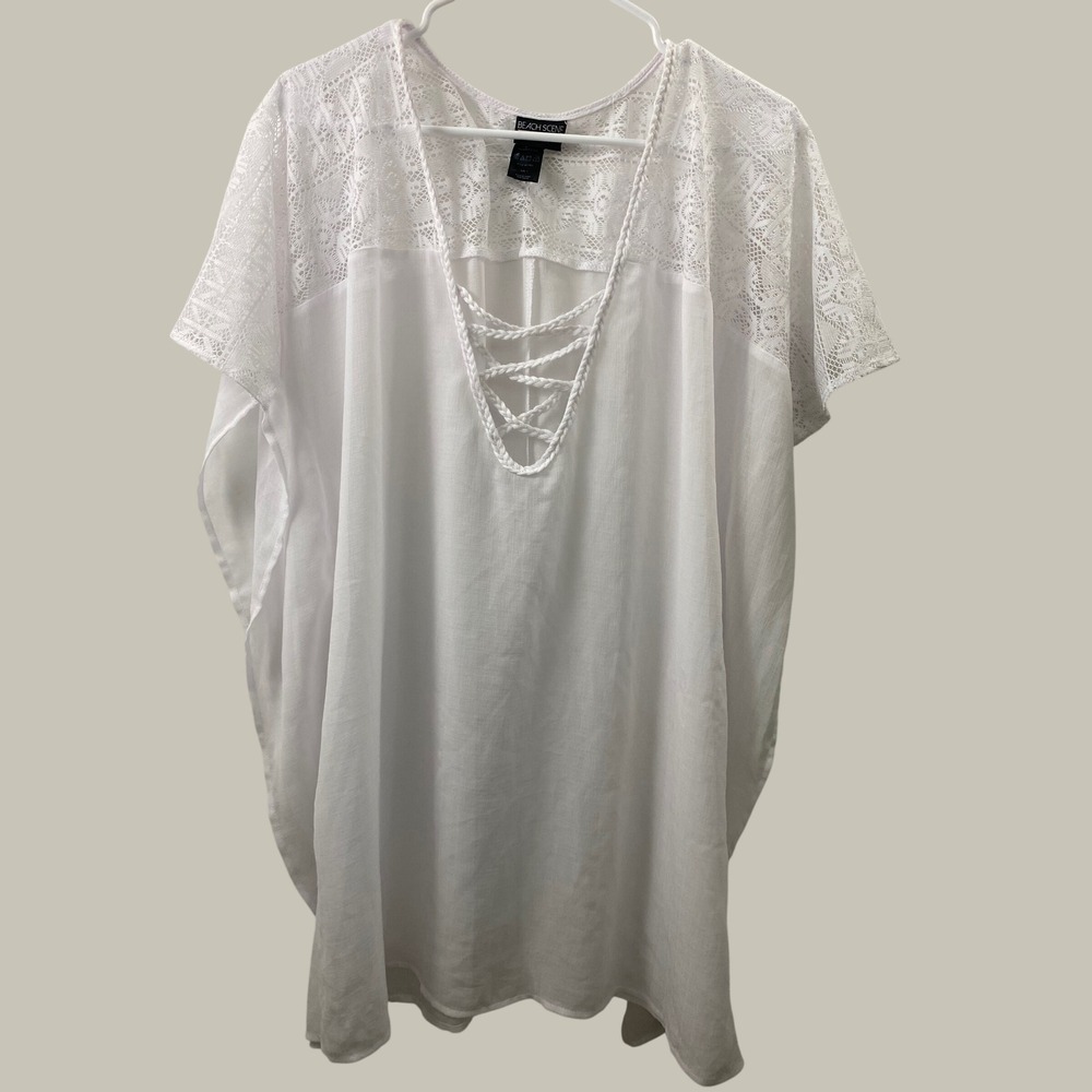 Beach Scene Cover Up Womens Large White Lace Boho Kaftan BC17852 Summer Resort